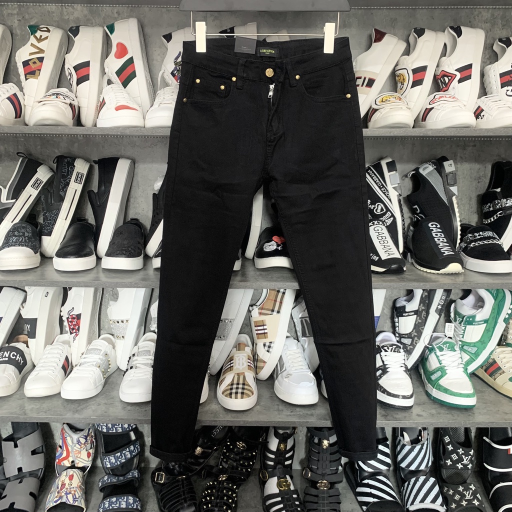 Quần jean bò nam slimfit Eo Vì đen trơn thêu mác logo hoa nâu cạp túi sau phong cách đơn giản basic QJ120P