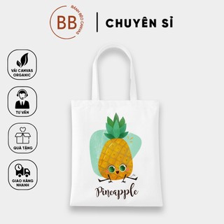 Túi tote  vuông vải canvas đeo vai in hình hoa quả hottrend trái đào - trái cây Hàn Quốc Có Khóa Miệng Túi