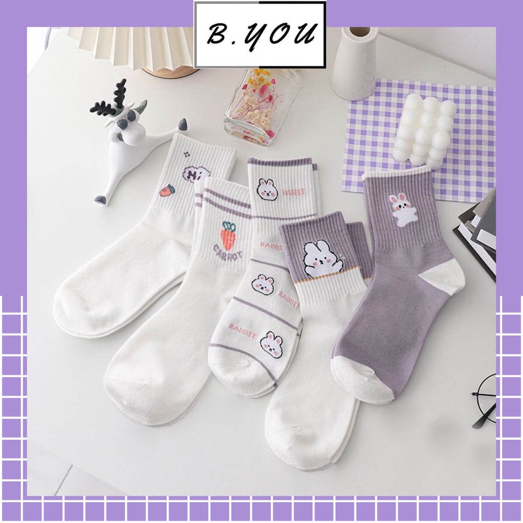 Tất nữ cao cổ, họa tiết thỏ cà rốt đáng yêu, phong cách hàn quốc, chất liệu thoáng mát, thấm hút mồ hôi