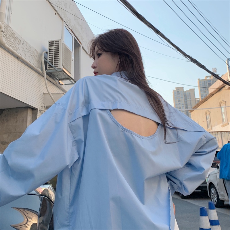 Áo sơ mi SUXI chống nắng tay dài dáng rộng hở lưng đơn giản dành cho nữ