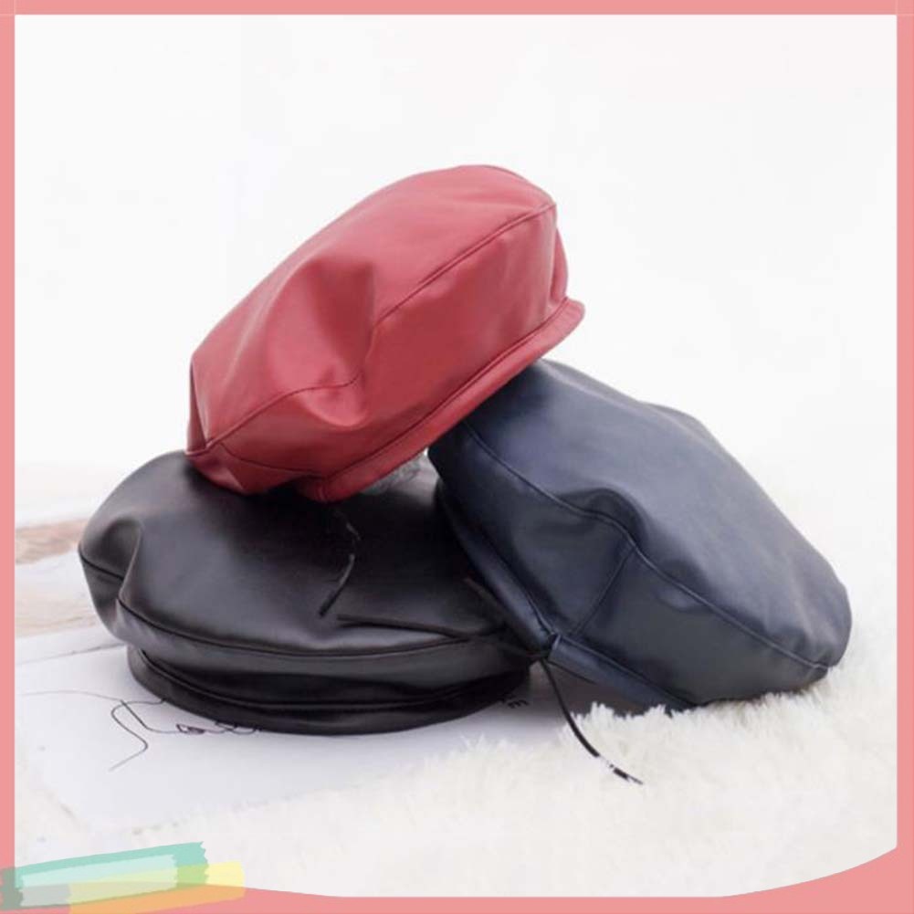 Mũ beret chất liệu da giả màu trơn giữ ấm sành điệu cho nữ