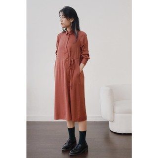 Chicka Chicka - Đầm sơ mi cotton lụa màu cam thắt eo