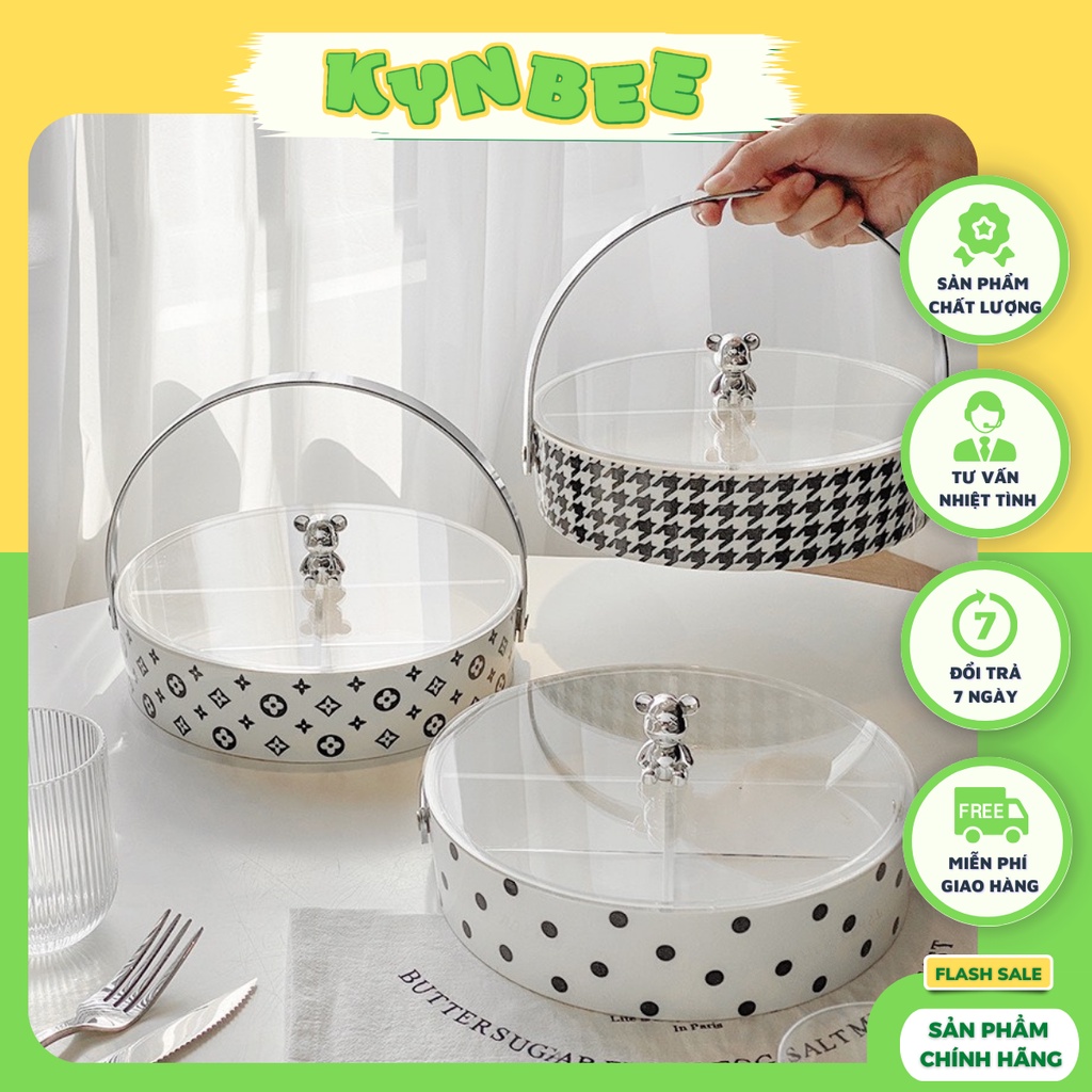 Khay đựng bánh kẹo, trái cây khô, các loại hạt, đồ ăn vặt bằng gốm sứ có quai xách và nắp đậy, phong cách Bắc Âu sang tr