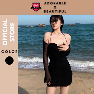 [Ảnh Thật] Đầm Body Đen Thun Phối Lưới Trễ Vai Hot Trend, Váy Ôm Kiểu Tay Dài Rút Dây Gợi Cảm [AdorablexBeautiful]