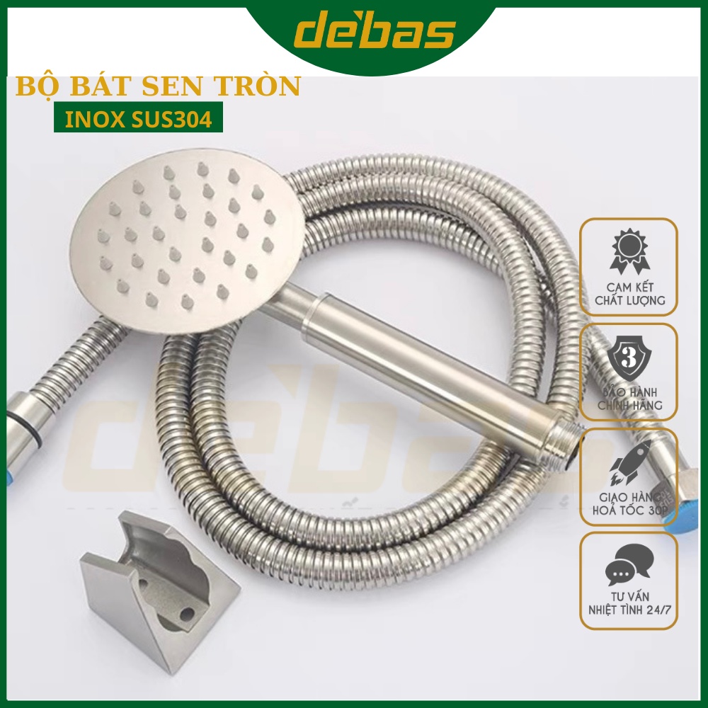 Vòi sen tắm inox 304 nóng lạnh tay sen tắm tròn lỗ cao su cao cấp dây sen inox và cài sen Debas TS25