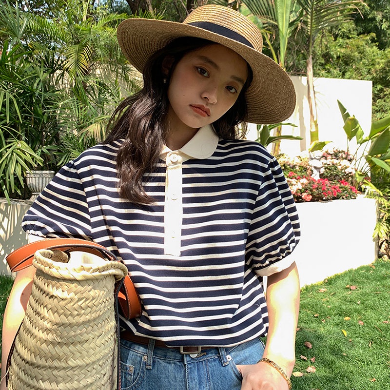 Áo polo Ngắn Tay Dáng Rộng Họa Tiết Kẻ Sọc Thời Trang Hàn Quốc Cho Nữ