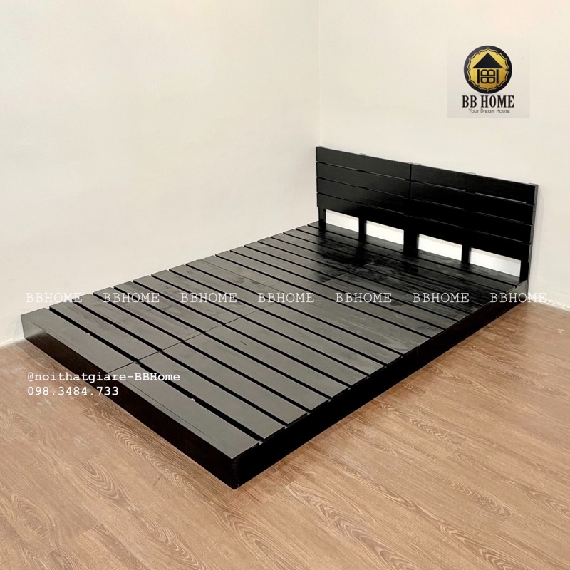 Giường kín chân-chống bụi sơn ĐEN kiểu pallet gỗ thông đóng mới BBHome