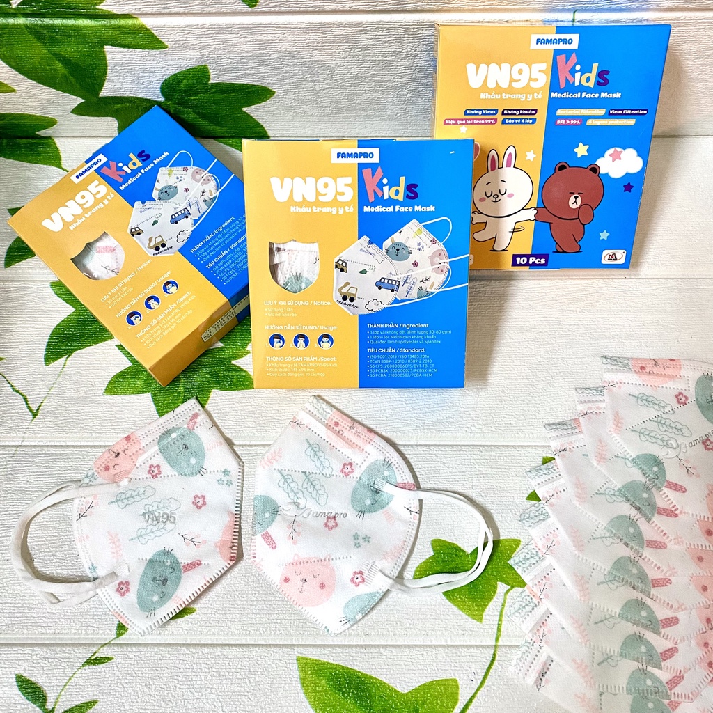 Khẩu trang FAMAPRO VN95 KIDS cho Bé in hình 4 lớp kháng khuẩn 10 cái / hộp