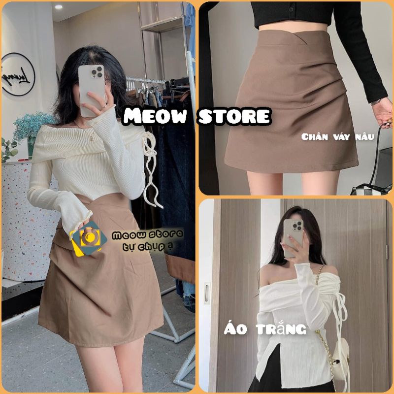 Set váy áo len trễ vai rút dây vai và chân váy nhún tiểu thư