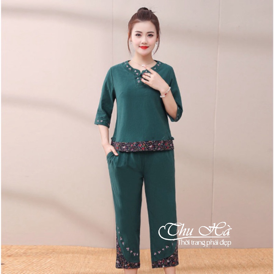 Đồ bộ mặc nhà tay lỡ thêu hoa Thu Hà quần áo trung niên cho mẹ chất liệu cotton co giãn form thoải mái ĐBH.15