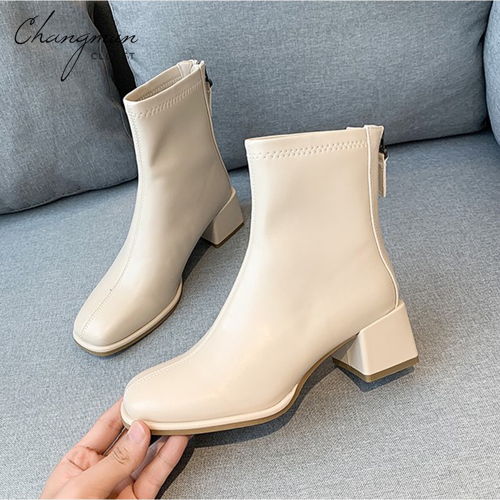 Boot nữ cổ thấp 5 phân casual ankle boot da lì gót vuông cao gót changmun - ảnh sản phẩm 3