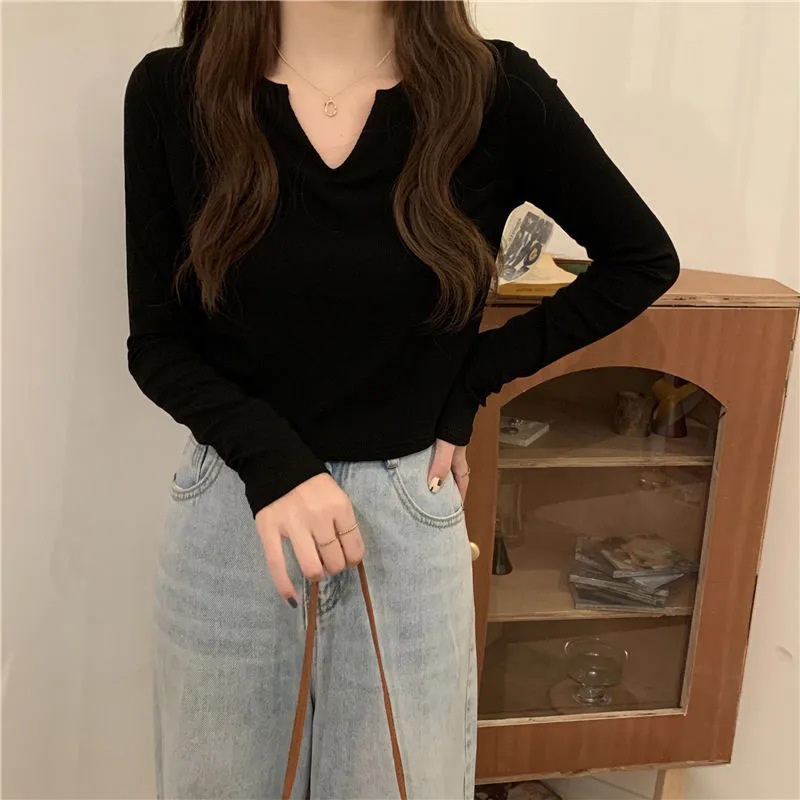 Áo thun SUXI tay dài cổ chữ V dáng ôm thời trang mùa thu phong cách Hàn Quốc cho nữ