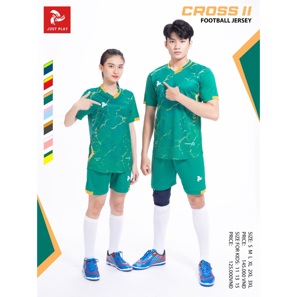 Quần áo đá banh không logo Just Play Cross 2 màu xanh lý CÓ IN TÊN SỐ