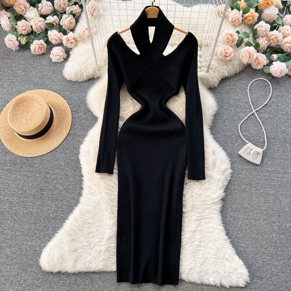 Đầm len dệt kim nữ thu đông dây chéo cách điệu