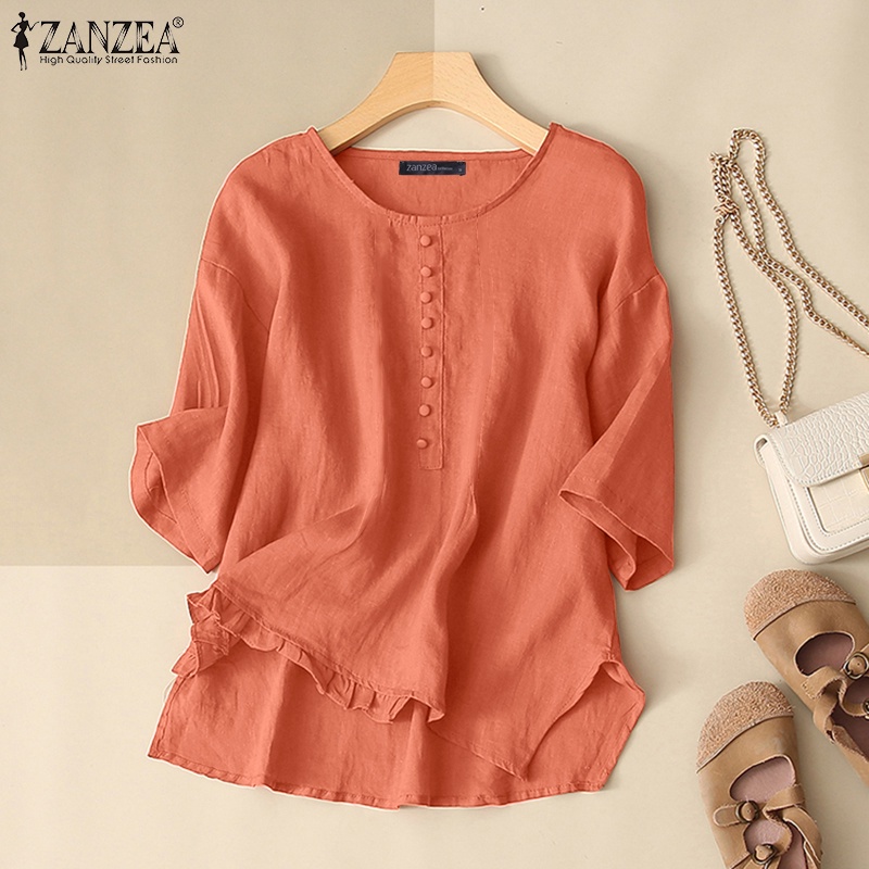 Áo nữ ZANZEA tay lửng cổ tròn phối nút phong cách đường phố Hàn Quốc