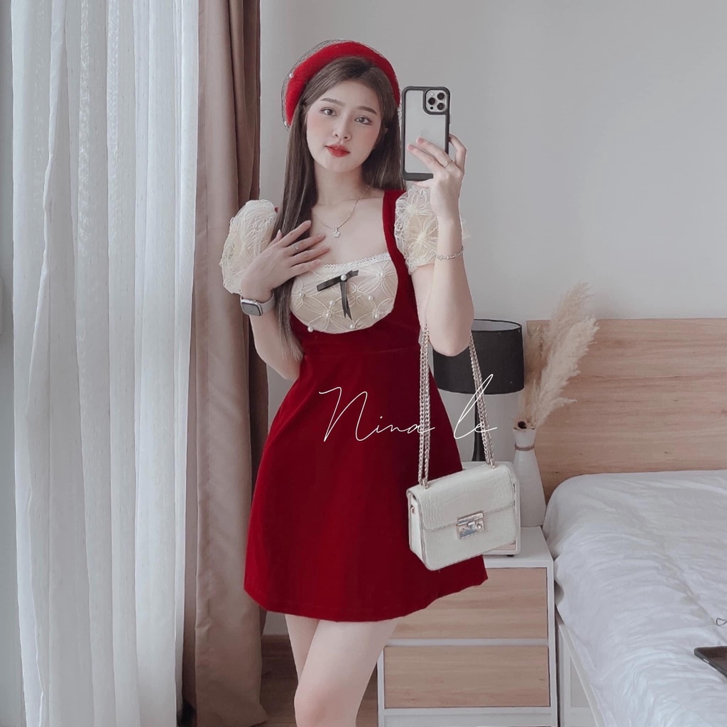 Đầm tiểu thư dáng dài, đầm nữ dự tiệc dễ thương thiết kế cổ vuông tay phồng cá tính chất nhung cao cấp