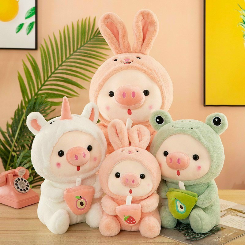 Gấu Bông - Heo Nhồi Bông Ôm Bình Trà Sữa 4 Màu Kích Thước 40cm - 50cm - Panda Store