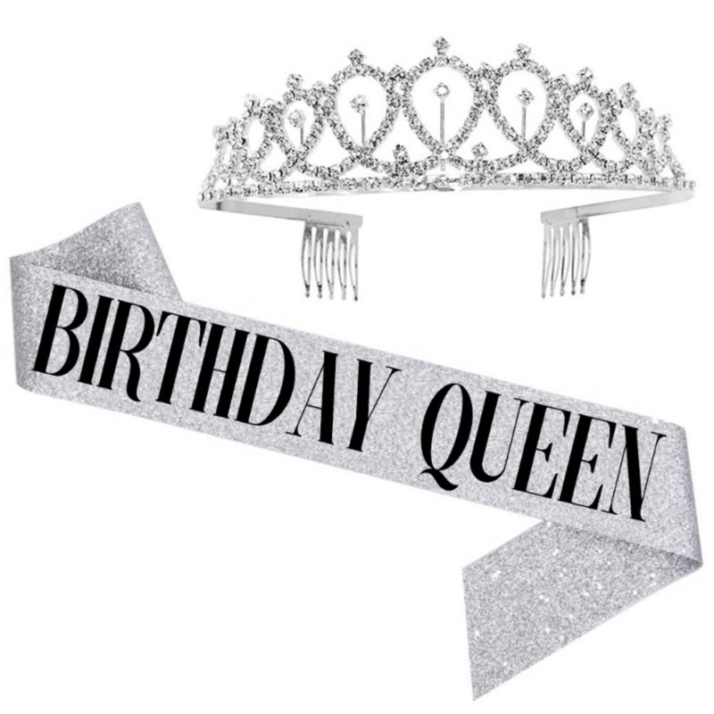 Vương miện đính đá sang chảnh, băng vải đeo Birthday Queen, Birthday Girl, Bờm cài tóc