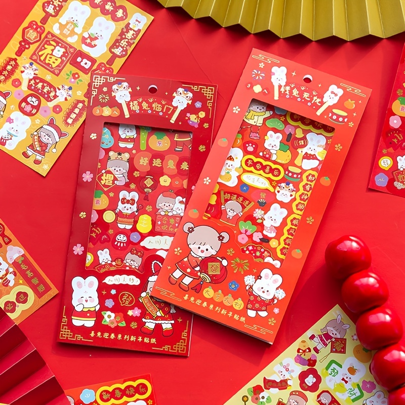 Set 3 Tấm Sticker Dán Trang Trí Năm Mới Hình Thỏ Hoạt Hình Dễ Thương Xinh Xắn