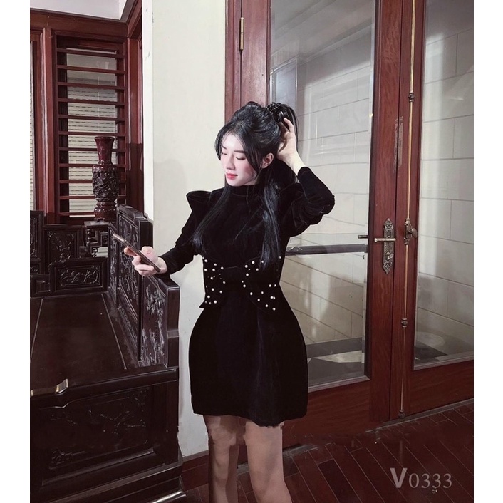 [ 𝐅𝐑𝐄𝐄 𝐒𝐇𝐈𝐏 ] Váy nhung cổ 3p tay bồng về hàng siêu đẹp Nơ đính hạt ngọc sịn sò Hàng may kỹ