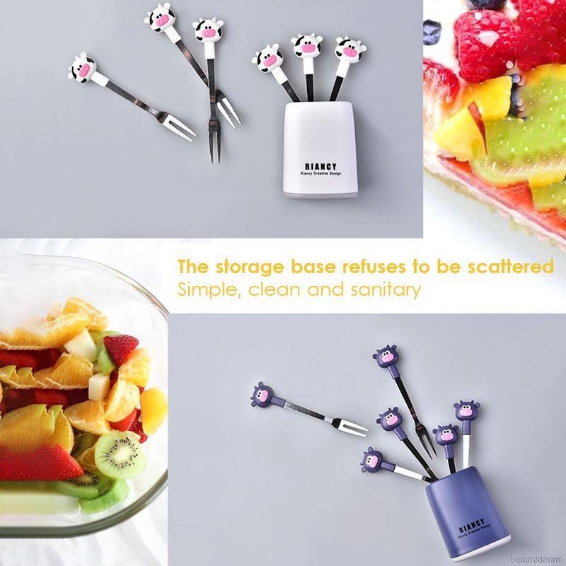 Set 6 nĩa ăn trái cây bằng thép không gỉ, hình dáng dễ thương+đế đựng chắn chắc phù hợp cho nhà bếp