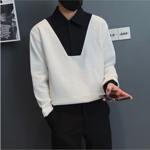 Áo sweater Cổ Bẻ Phối Màu Tương Phản Thời Trang Thu Đông Hàn Quốc 2023 Cho Nam fashion áo sweater cổ lọ  simple áo sweater trơn bigsize áo sweater nỉ dài tay from rộng