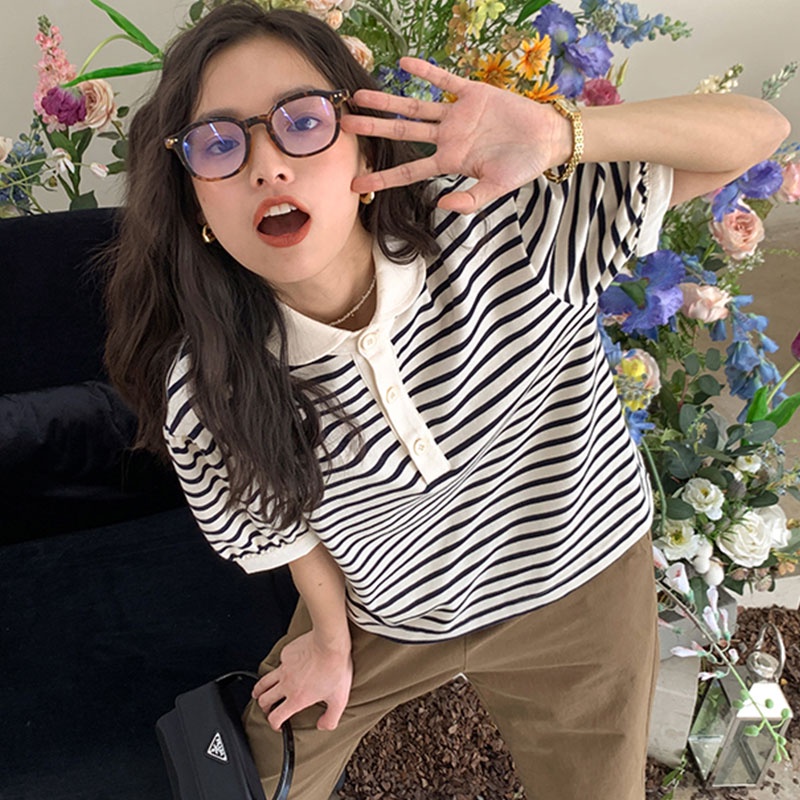 Áo polo Ngắn Tay Dáng Rộng Họa Tiết Kẻ Sọc Thời Trang Hàn Quốc Cho Nữ