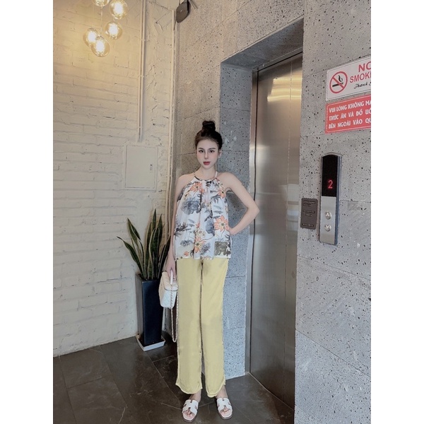 Áo yếm voan tơ in họa tiết, áo 2 lớp phối quần lụa mango, quần có túi | BigBuy360 - bigbuy360.vn