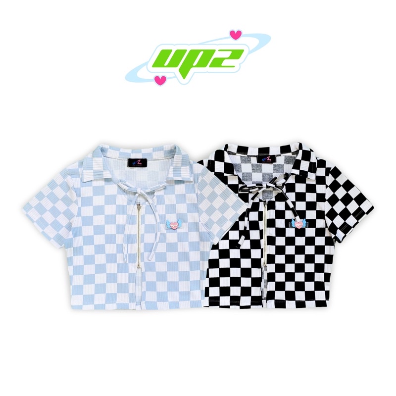 UPZ Áo Thun Croptop Dây Kéo Caro Y2K (2 Màu)