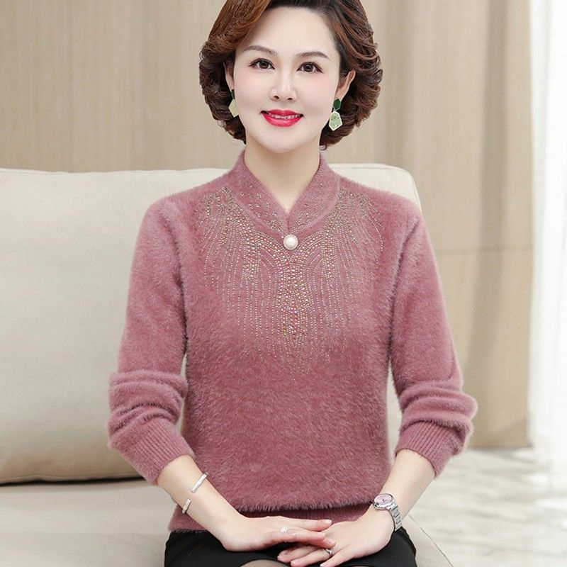 Áo len lông chồn mùa thu đông mới của mẹ dành cho phụ nữ trung niên ấm áp cho người trung niên và người già