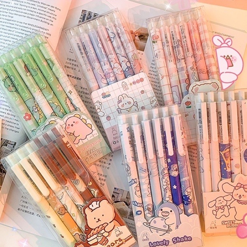 Bộ Set 6 Bút Bi Bấm Mực Gel Đen Ngòi 0.5mm Nhiều Hình Cute Coleen