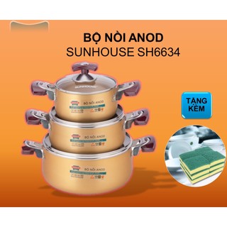 Bộ nồi Anod Sunhouse SH6634 chất liệu nhôm dùng bếp gas bếp hồng ngoại, hàng chính hãng, BH 1 năm, đổi lỗi 30 ngày