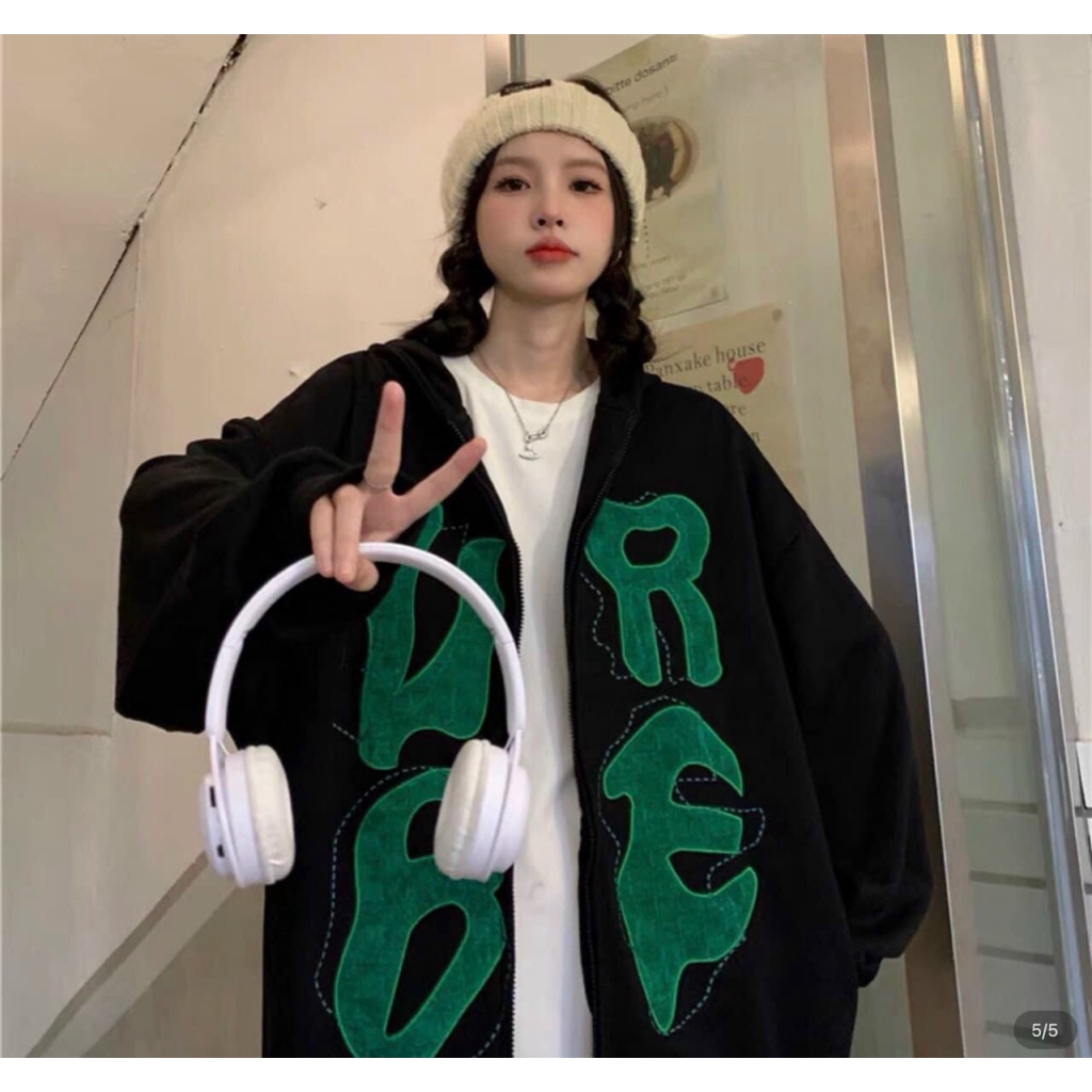 Áo Khoác Nỉ Nữ Tay Phồng In Chữ Nón 2 Lớp Có Dây Rút Thời Trang Siêu Hot NEW UNISEX