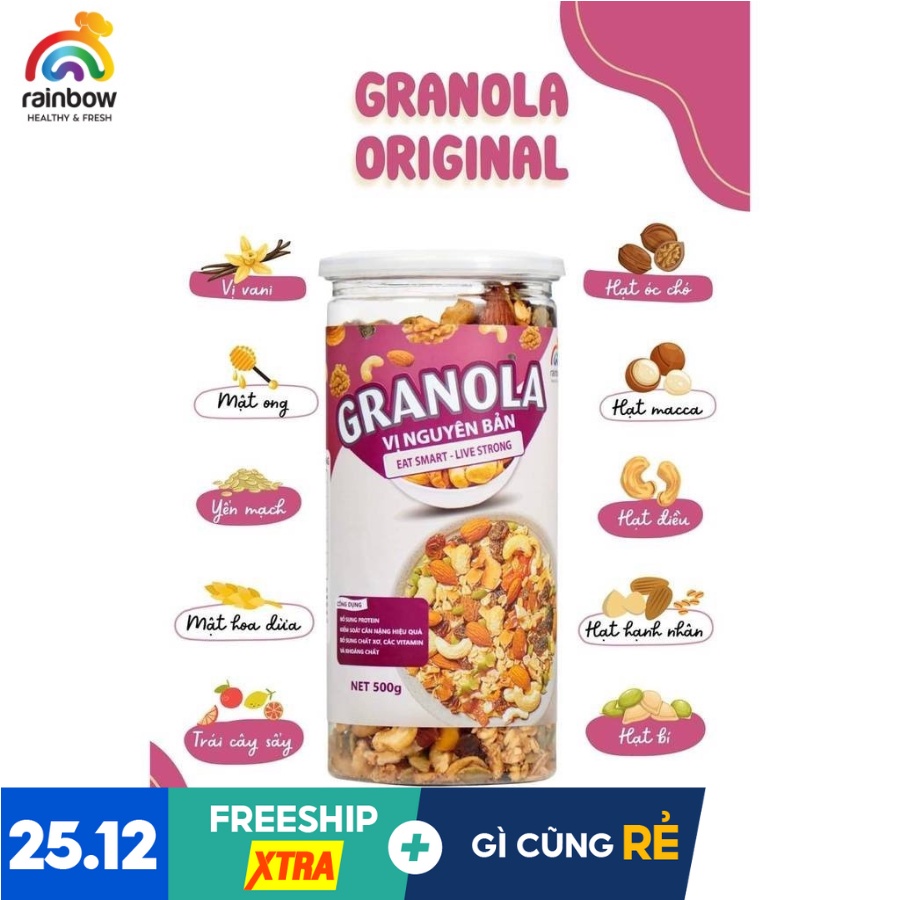 Granola Vị Nguyên Bản Hạt RAINBOW Ngũ Cốc Dinh Dưỡng Mix 5 Loại Và Trái Cây Sấy Nướng Giòn Mật Ong Hỗ Trợ Ăn Kiêng