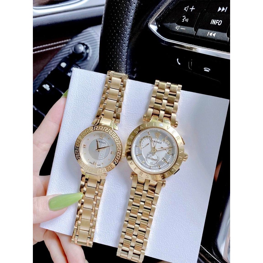 Cặp Đồng hồ nam nữ Versace ANALLOGUE DIAL MEN dây thép vàng Mặt trắng - Máy Swiss Quartz- Bảo Hành 24 Tháng