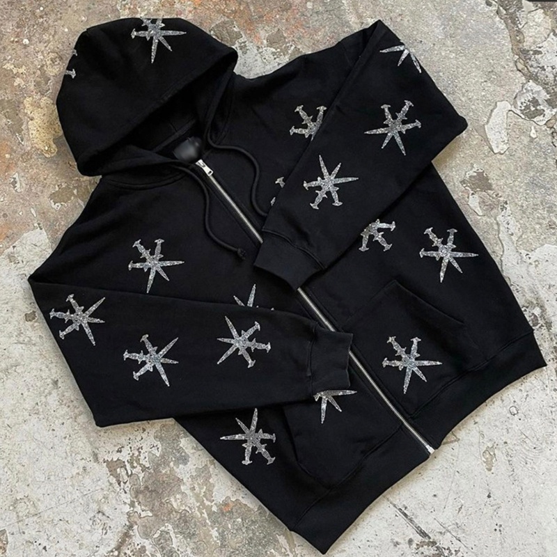 Xiangbao Áo Khoác Hoodie Nỉ Dáng Rộng Cỡ Lớn Có Khóa Kéo Hình Bông Tuyết Đính Đá Phong
