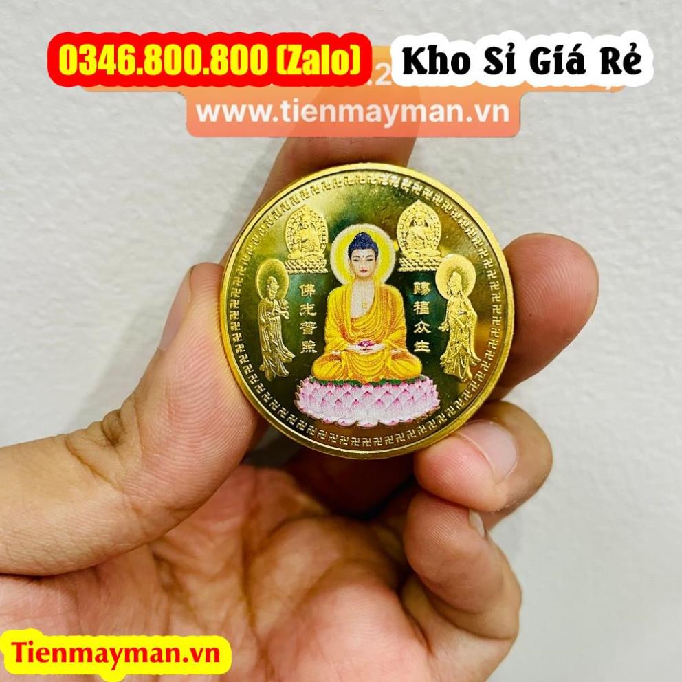 Xu Phật A Di Đà , Đồng xu làm bằng Niken mạ vàng In Màu, sáng bóng, tặng túi gấm đỏ , Giá Tốt