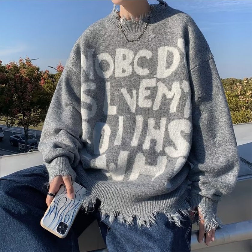 Áo sweater Tay Dài In Chữ Rách Cá Tính Thời Trang unisex Áo len nam chất lượng cao Thời trang lỏng lẻo unisex đan áo len