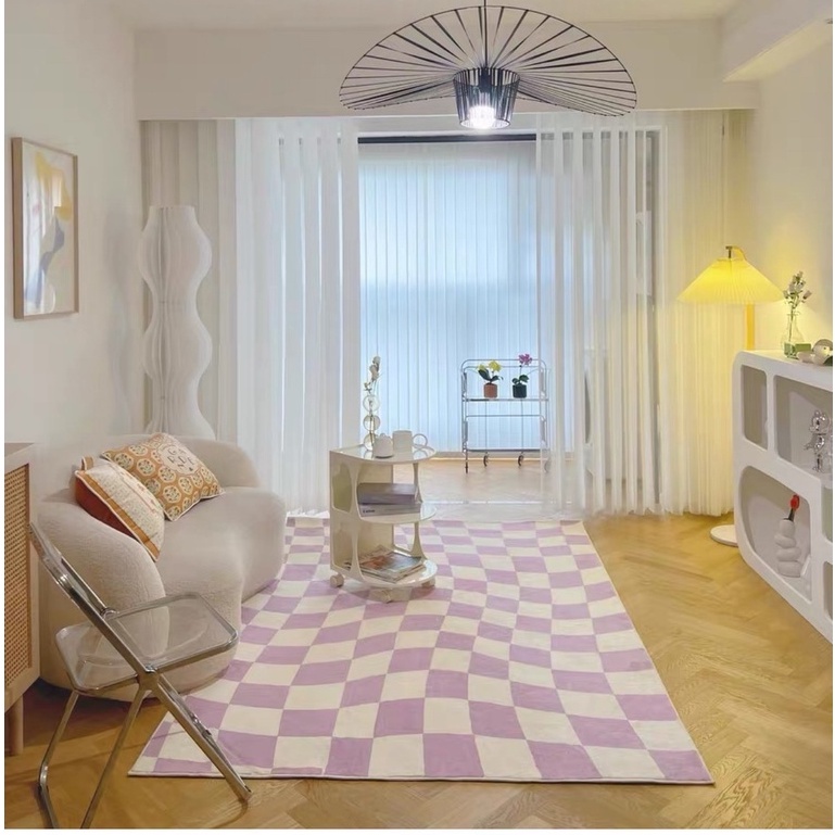 Thảm Ins xu hướng Vải nhung Morandi lông cừu thảm lau chân 100X160 140X200 hình dạng không đều bàn cờ thảm lông trải sàn phòng ngủ thảm trải sàn phòng khách
