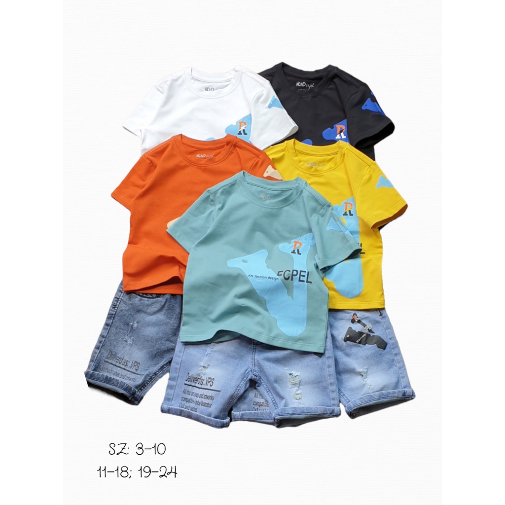 Set Jean Bé Trai size Cồ, Set Quần bò Áo Cotton in chữ V Hàng CC cho bé trai - NBW651