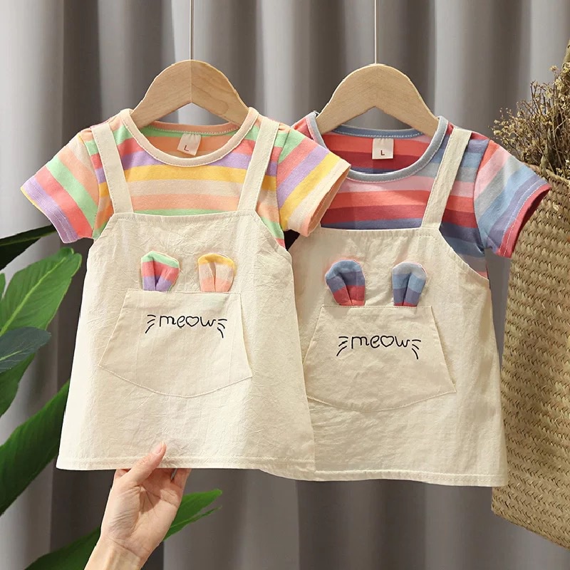 Đầm Hai Dây Họa Tiết Tai Mèo Hoạt Hình Kẻ Sọc Thời Trang Xuân Hè Cho Bé Gái