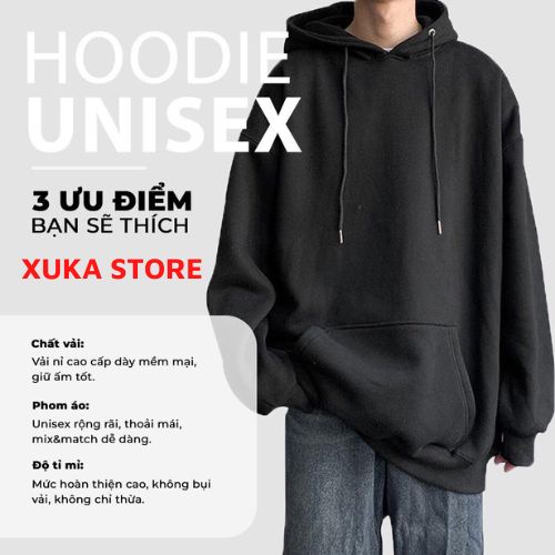 Áo khoác hoodie trơn chống nắng giữ ấm dành cho nam nữ có form rộng, chất nỉ ngoại dày dặn có mũ ulzzang XUKA SHOP