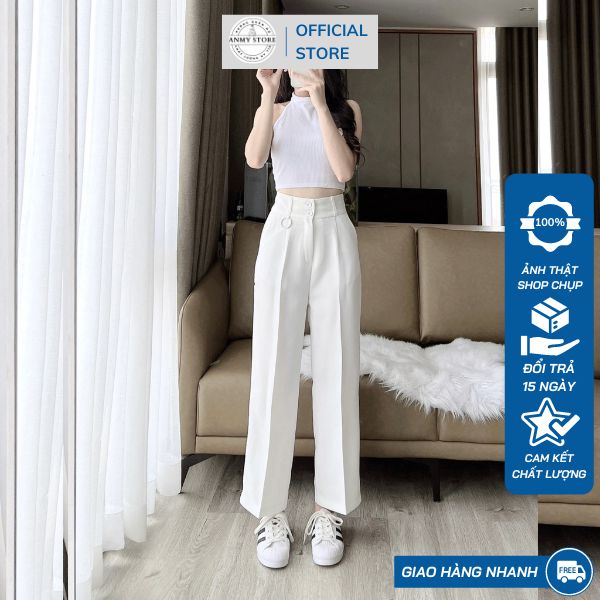 Quần ống suông nữ lưng cao ANMY ống rộng dáng suông cạp cao siêu đứng form tôn dáng chất vải không nhăn không xù Q479