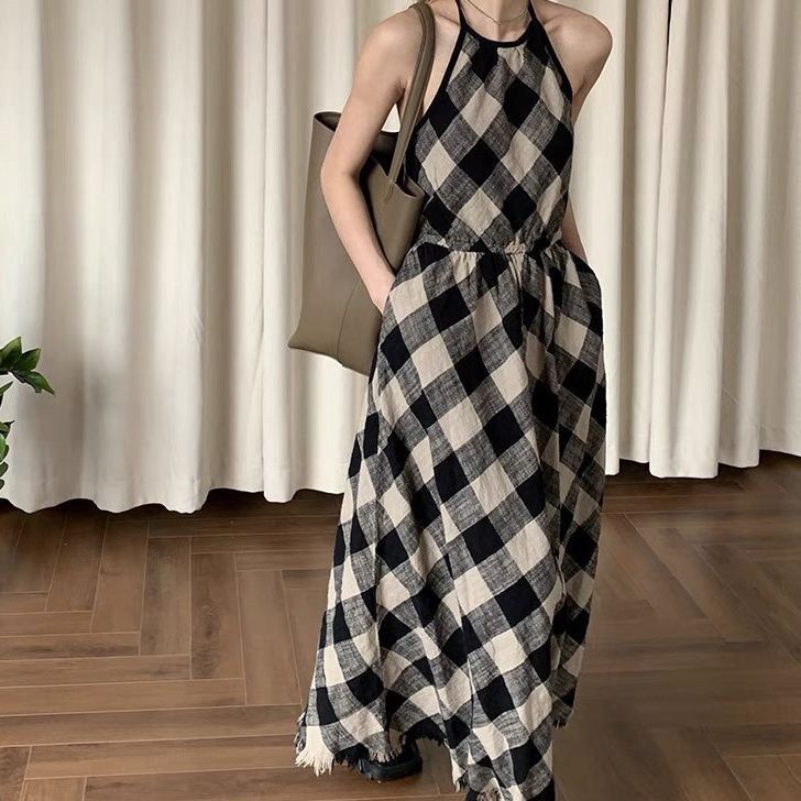Đầm Hai Dây Dáng Dài Họa Tiết Sọc Caro Phong Cách Pháp Cao Cấp Thời Trang Mùa Hè Hàng Mới Dành Cho Bạn Nữ
