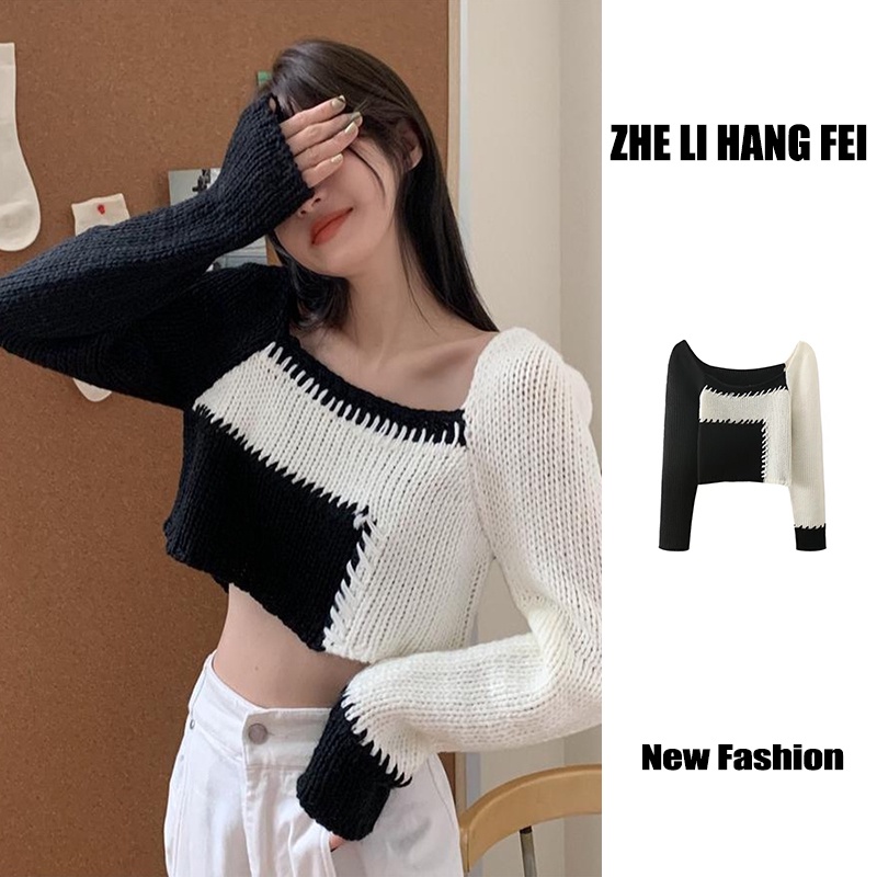 Áo croptop ZHELIHANGFEI dệt kim tay dài cổ vuông eo cao thiết kế quyến rũ cho nữ