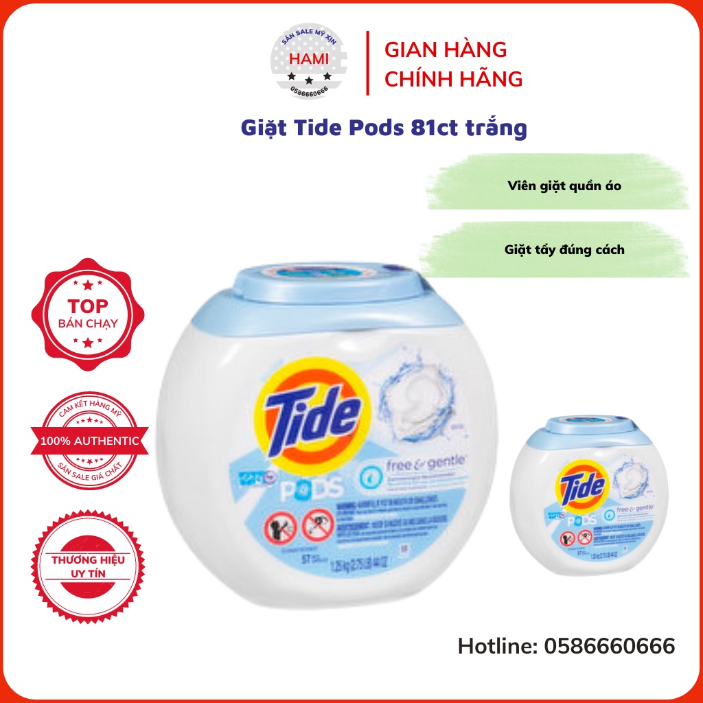 Viên giặt xả quần áo Tide Pods 81ct trắng đánh bay các vết bẩn cứng đầu, lưu hương lâu