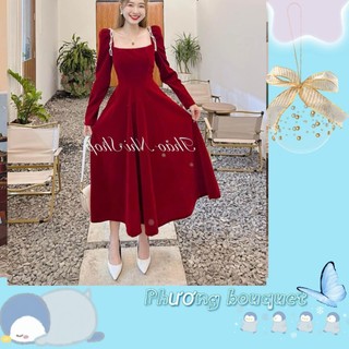 VÁY NHUNG CỔ VUÔNG VIỀN NGỌC. , VÁY NHUNG ĐỎ DÁNG XOÈ