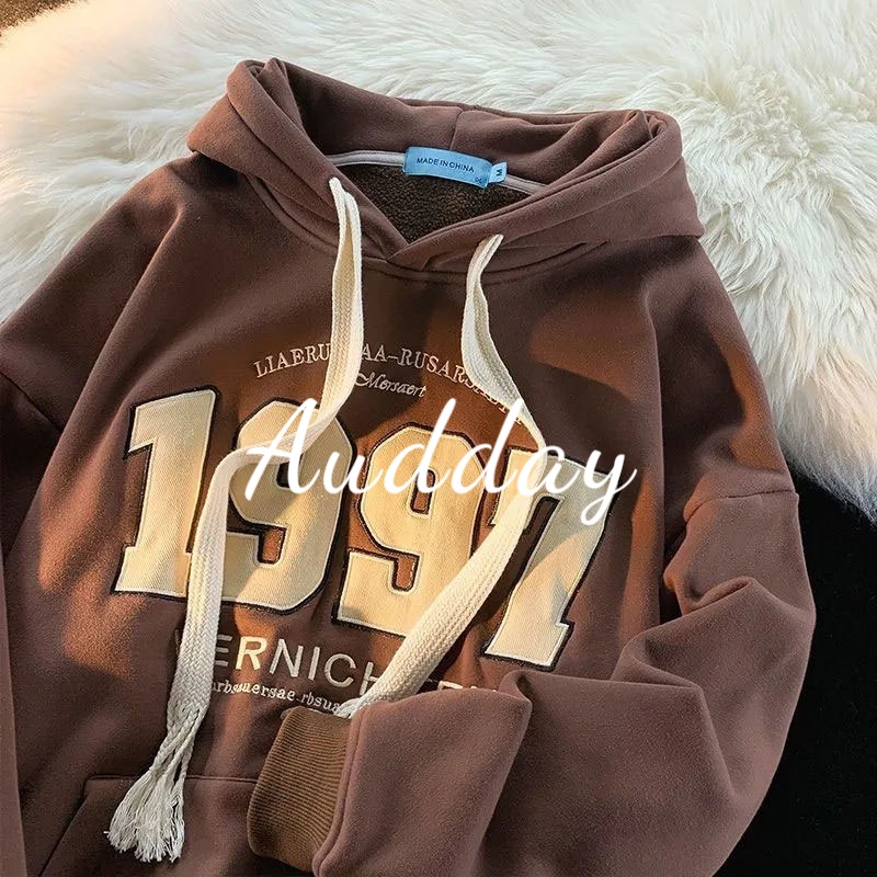 Audday Áo hoodie Nhung Dày Dáng Rộng Phong Cách retro Cho Cặp Đôi