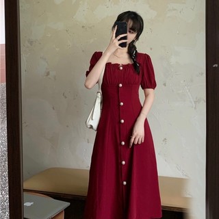 Đầm cổ vuông nút ngọc 2 màu mặc đi làm đi chơi đều xinh (kèm hình thật)
