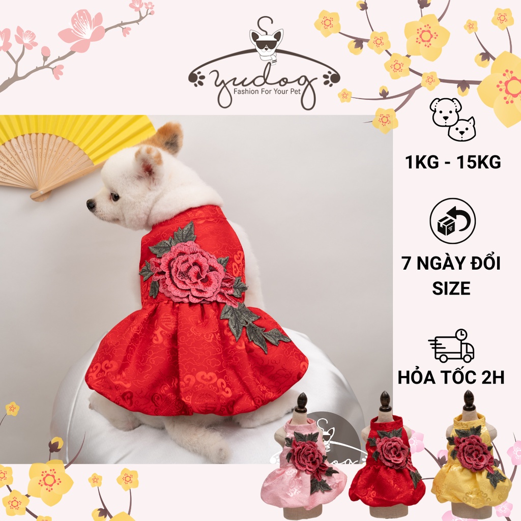 Đầm gấm hoa thêu mặc tết cho chó mèo thú cưng yudog thumbnail